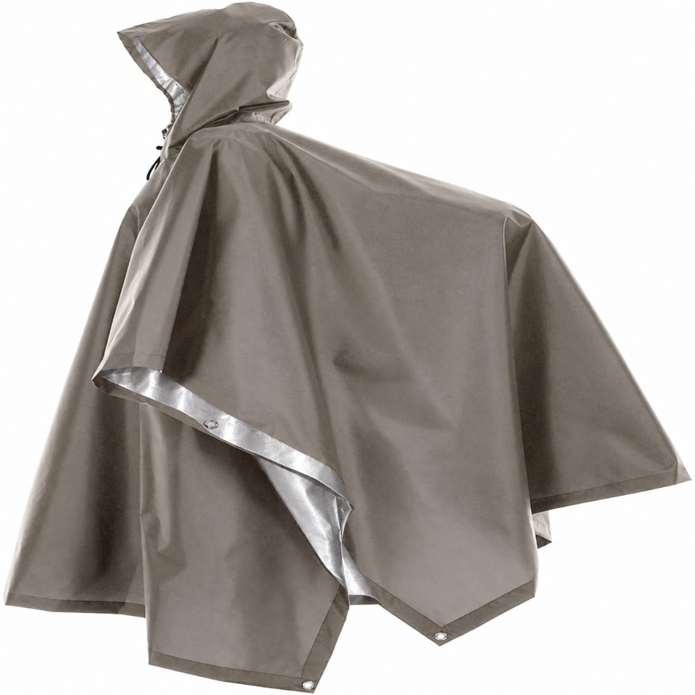 Emergency Poncho Rain - 耐久性に優れた防水フード付きレインポンチョ。銀メッキ加工のポリエステルタフタ素材を使用。再利用可能で、緊急時やキャンプでの多目的な用途に最適。