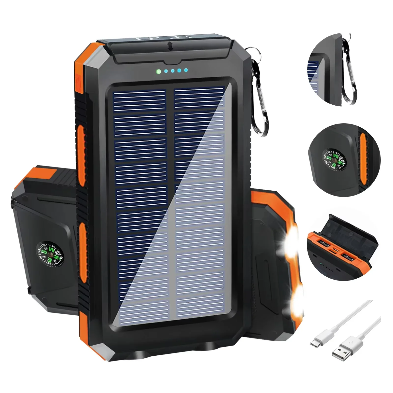 Solar Emergency Charger - 防水仕様のソーラー充電式モバイルバッテリー 20000mAh。急速充電対応、iPhone、Samsung、Huawei、Xiaomiなどのスマートフォンに対応。